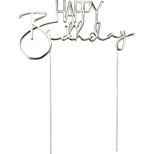 Elegant Happy Birthday Silver Metal Cake Topper