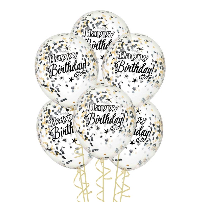 Happy Birthday Black Gold & Silver Pre-filled Confetti Balloons (Pack of 6)