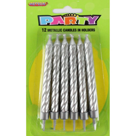 Silver Metallic Spiral Birthday Candles (Pack of 12)