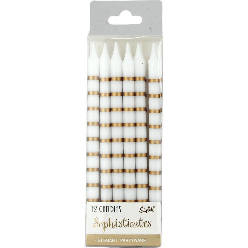 Gold And White Striped Birthday Candles (Pack of 12)