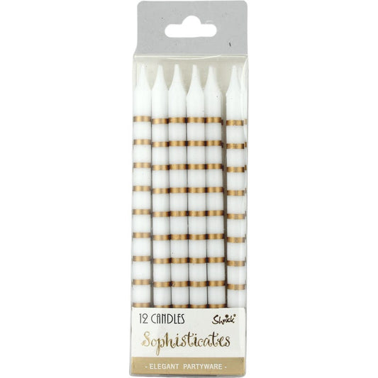 Gold And White Striped Birthday Candles (Pack of 12)