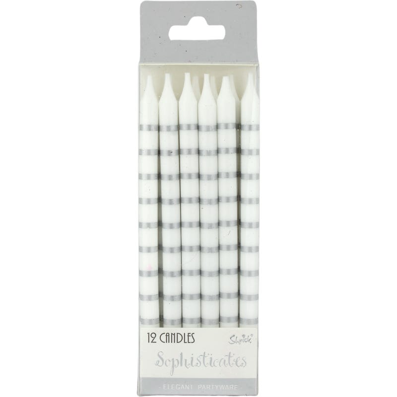 Silver And White Striped Birthday Candles (Pack of 12)