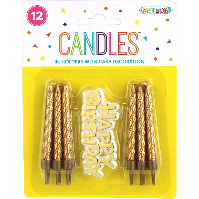 Gold Metallic Spiral Candles & Cake Decoration (Pack of 12)