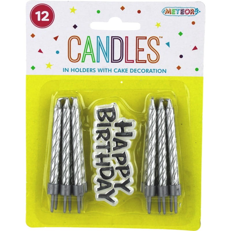 Silver Metallic Spiral Candles & Cake Decoration (Pack of 12)