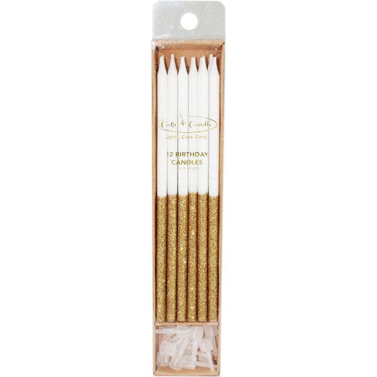 White & Gold Glitter Dipped Birthday Candles (Pack of 12)