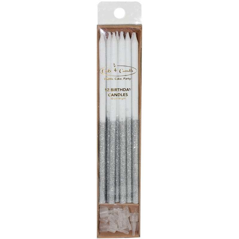 White & Silver Glitter Dipped Birthday Candles (Pack of 12)