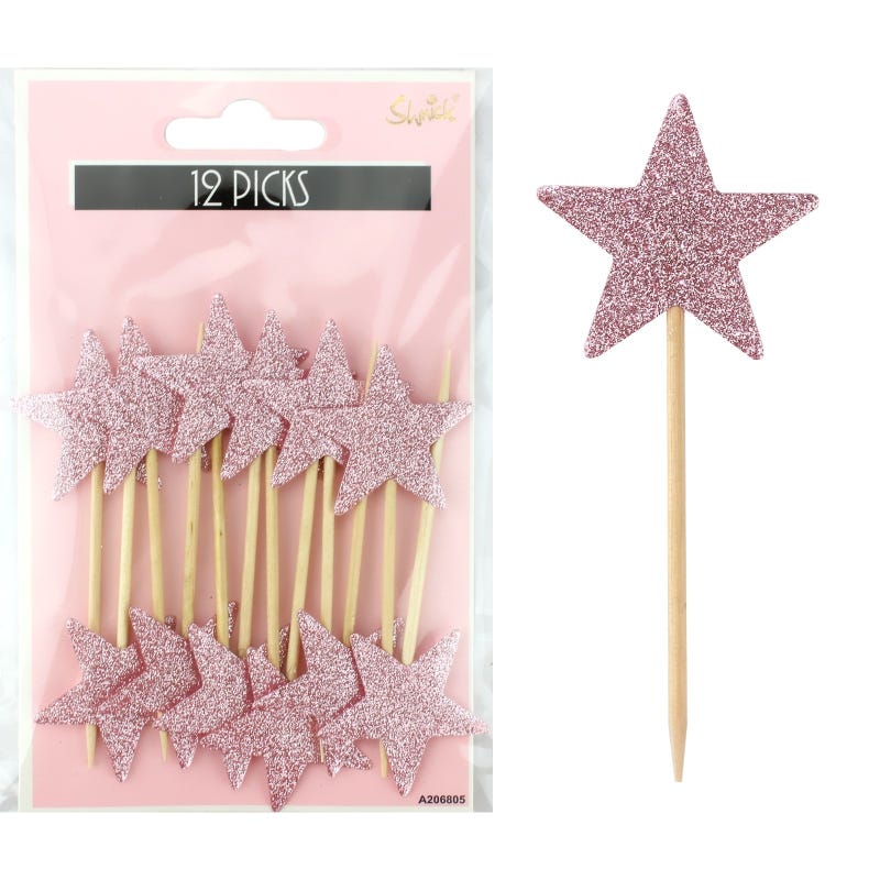 Pink Glitter Luxe Star Picks (Pack of 12)