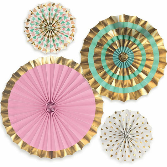 Pastel Pink Mint Green and Gold Paper Fans (Pack of 4)