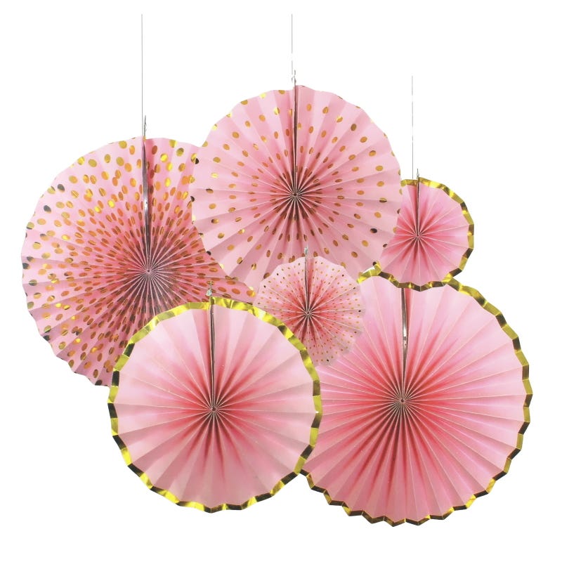 Pink and Gold Paper Fan Decorations (Pack of 6)