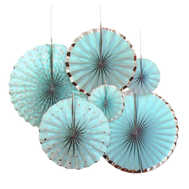 Light Blue and Silver Paper Fan Decorations (Pack of 6)