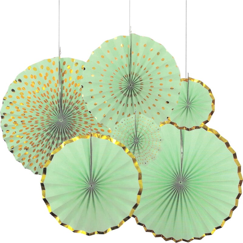 Mint Green and Gold Paper Fan Decorations (Pack of 6)