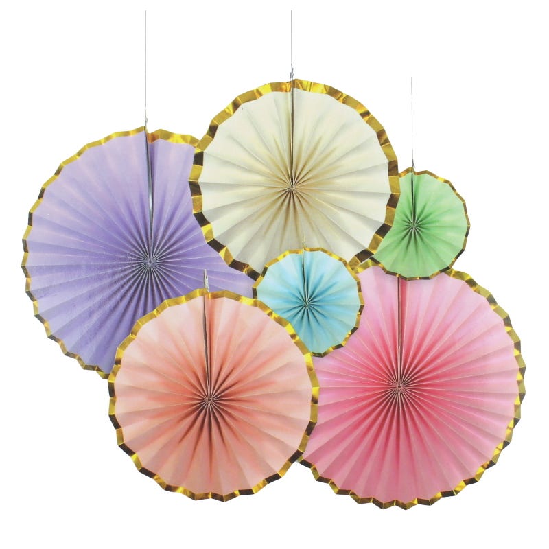 Pastel Rainbow and Gold Paper Fan Decorations (Pack of 6)