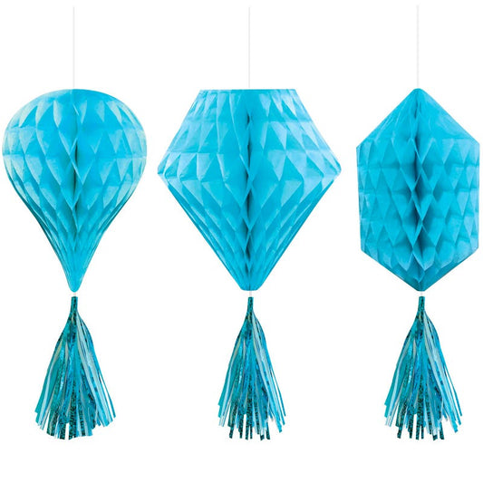 Caribbean Blue Tissue Paper Honeycomb Tassel Decorations (Pack of 3)