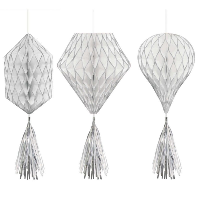 Silver and White Tissue Paper Honeycomb Tassel Decorations (Pack of 3)