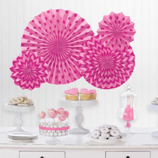 Pink Glitter Polka Dot and Chevron Paper Fan Decorations (Pack of 4)