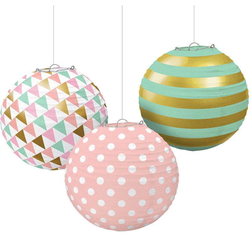 Pastel Pink Mint Green and Gold Paper Lanterns (Pack of 3)