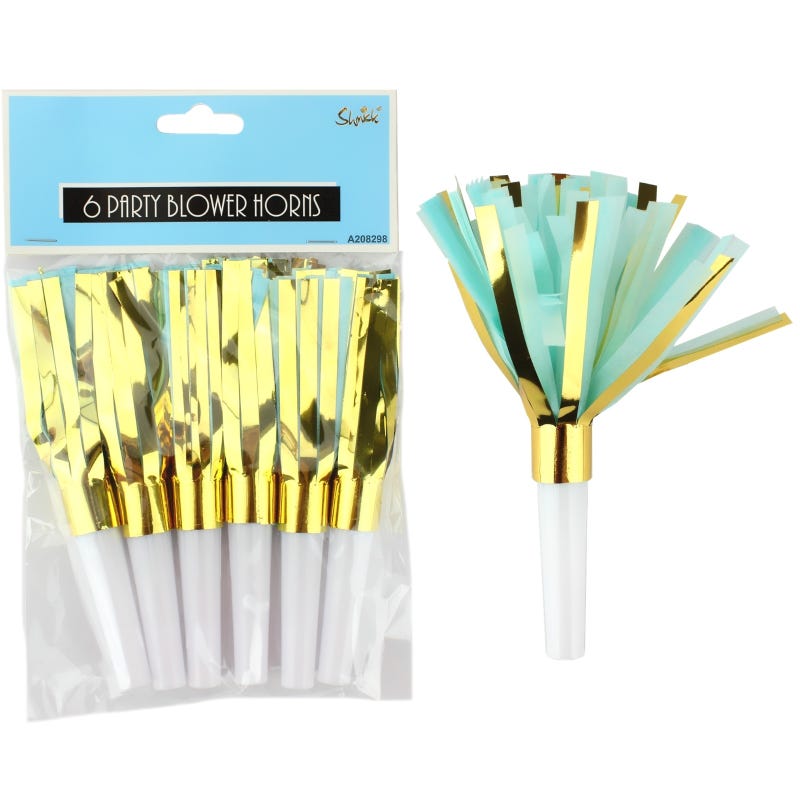 Pastel Blue and Gold Foil Party Blowers (Pack of 6)