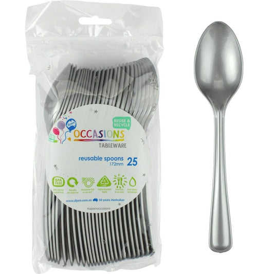 Silver Reusable Plastic Spoons (Pack of 25)