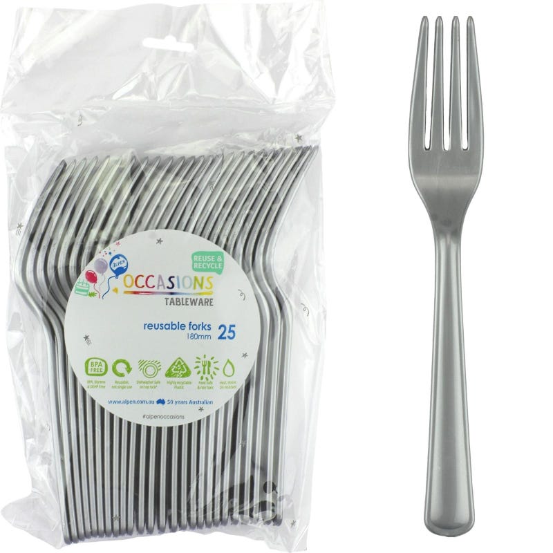 Silver Reusable Plastic Forks (Pack of 25)