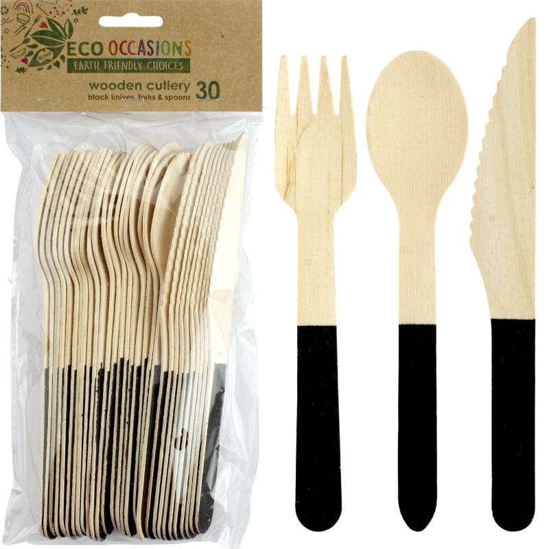 Wooden Dipped Cutlery Set Black (30 Piece)