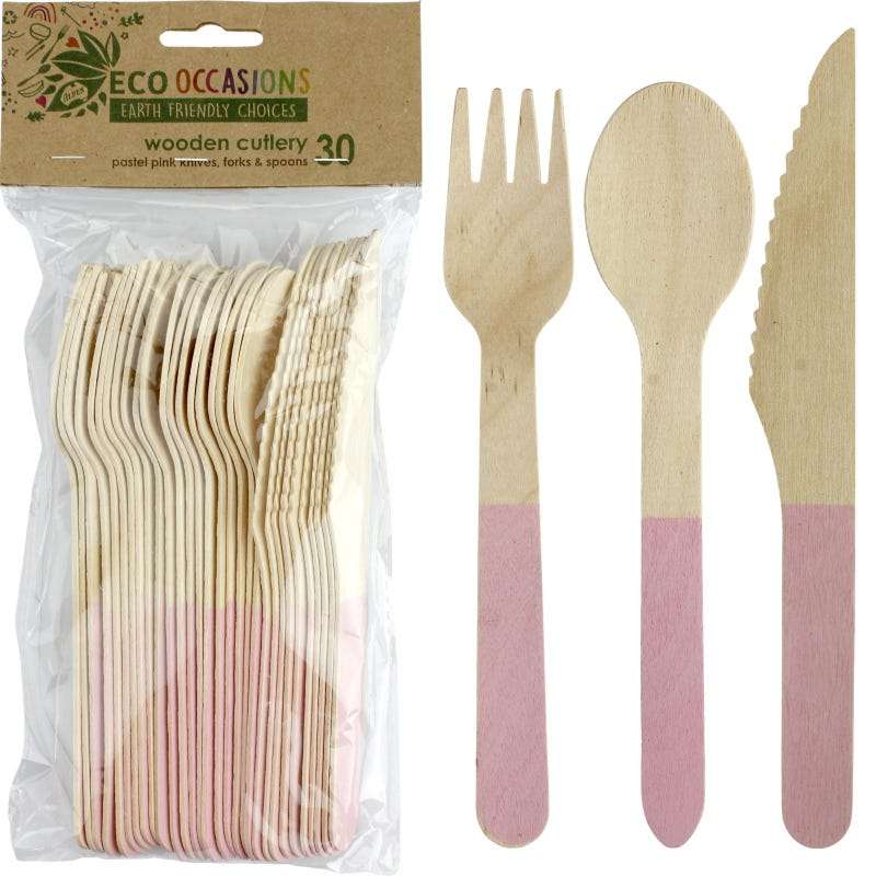 Wooden Dipped Cutlery Set Pink (30 Piece)