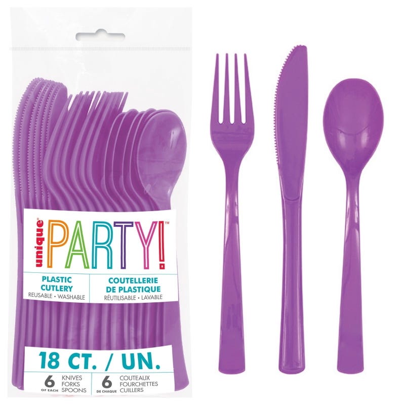 Pretty Purple Reusable Plastic Cutlery (Pack of 18)