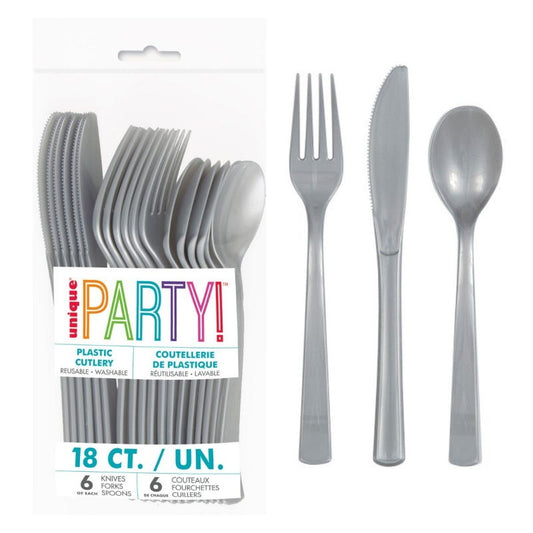 Silver Reusable Plastic Cutlery (Pack of 18)