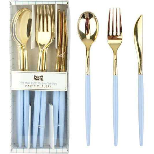 Two-Tone Gold & Light Blue Plastic Cutlery (Pack of 12)