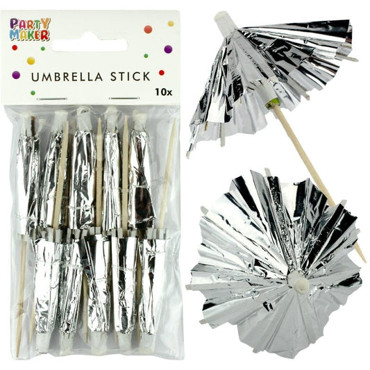 Silver Foil Cocktail Umbrella Picks (Pack of 10)