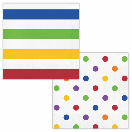 Rainbow and White Polka Dot and Striped Large Napkins / Serviettes (Pack of 16)