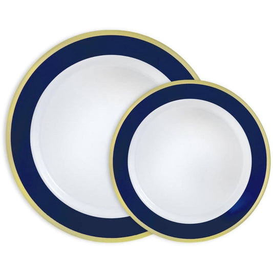 Navy Blue Metallic Border Premium Plastic Plate Set (For 10 Guests)