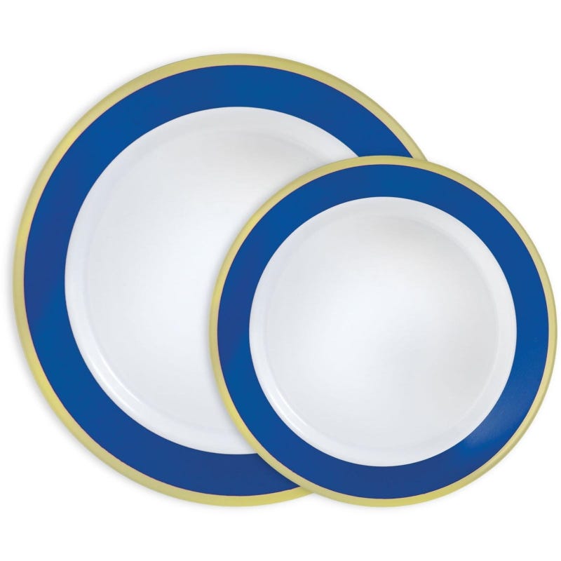 Royal Blue Metallic Border Premium Plastic Plate Set (For 10 Guests)