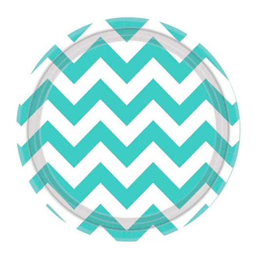 Pastel Turquoise Chevron Round Paper Plates 18cm (Pack of 8)