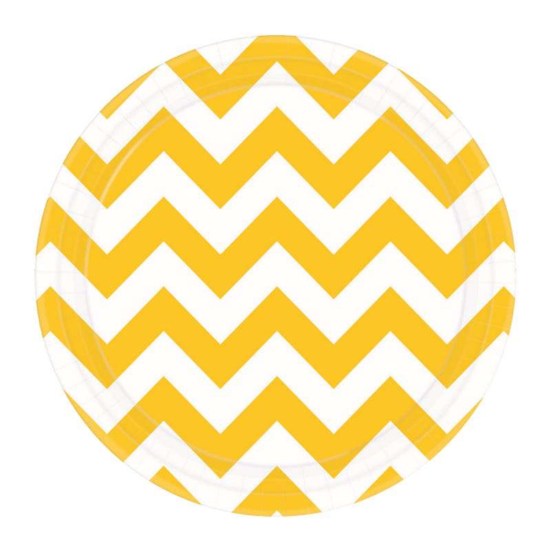 Yellow Chevron Round Paper Plates 18cm (Pack of 8)