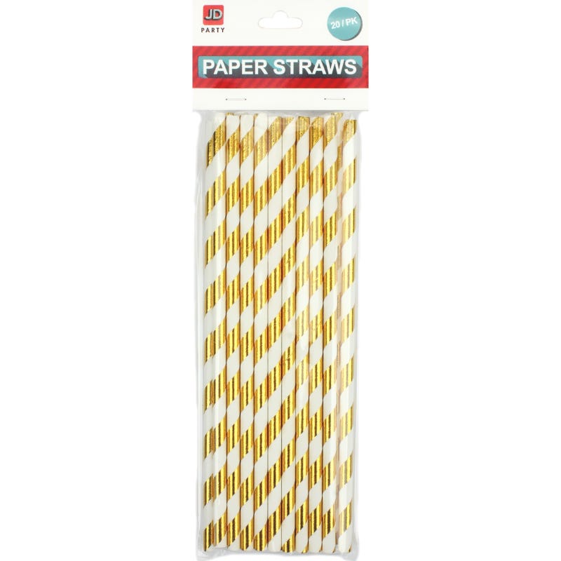 Metallic Gold and White Striped Paper Straws (Pack of 20)