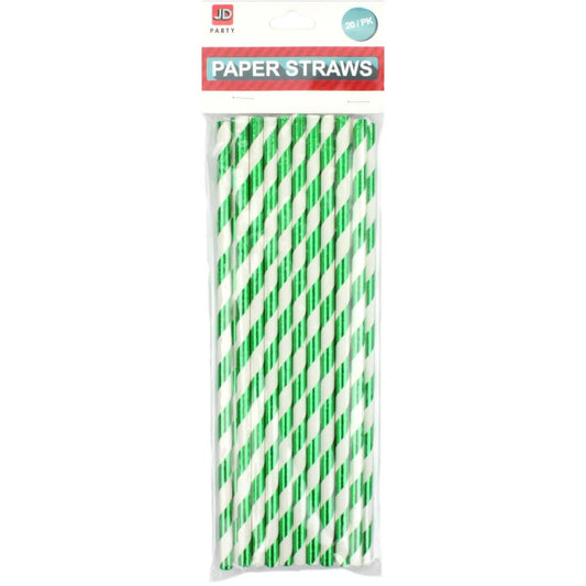 Metallic Green and White Striped Paper Straws (Pack of 20)