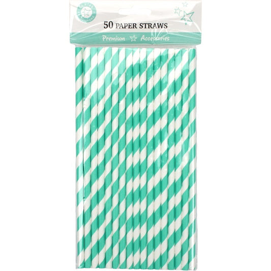 Teal and White Striped Paper Straws (Pack of 50)