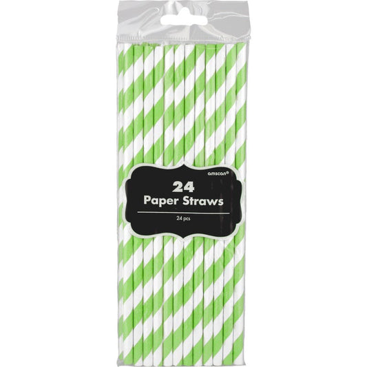 Lime Green and White Striped Paper Straws (Pack of 24)