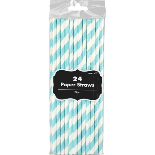 Teal and White Striped Paper Straws (Pack of 24)