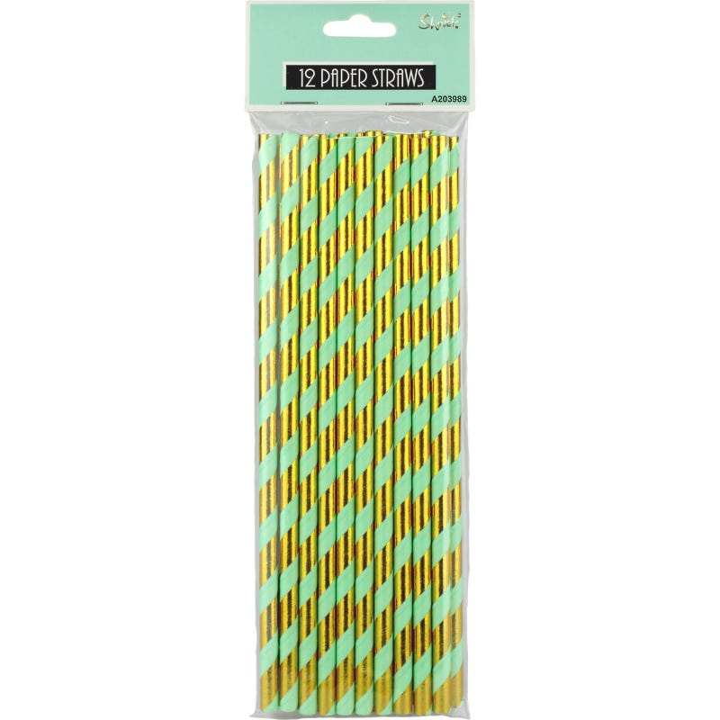 Mint Green and Gold Luxe Striped Paper Straws (Pack of 12)