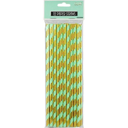 Mint Green and Gold Luxe Striped Paper Straws (Pack of 12)