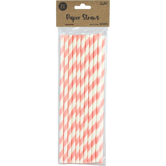 Neon Coral and White Striped Paper Straws (Pack of 20)