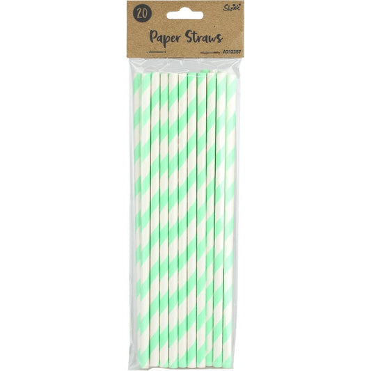 Neon Mint Green and White Striped Paper Straws (Pack of 20)