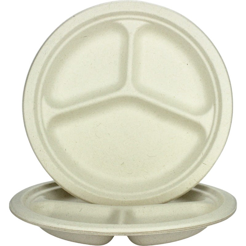 Biodegradable Natural Sugarcane Large Round Divided Plates 26cm (Pack of 6)