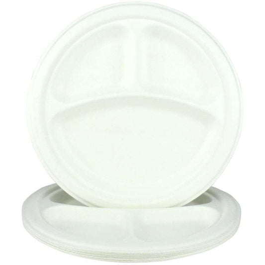 White Sugar Cane Large Round Divided Plates (Pack of 10)