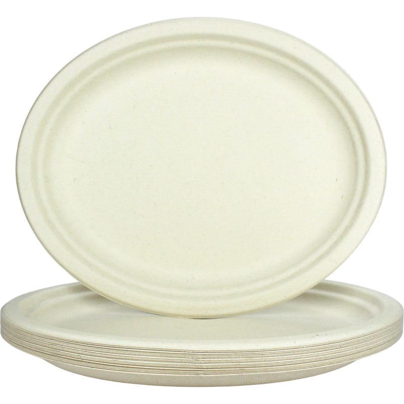 Biodegradable Natural Sugarcane Oval Plates 31.8cm x 25.2cm (Pack of 18)