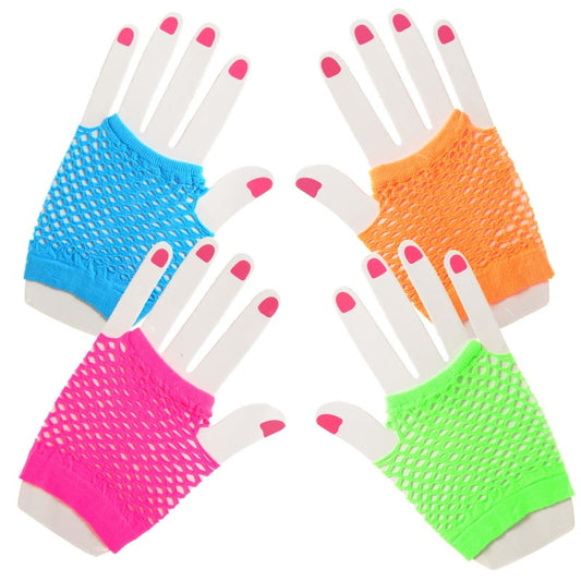 Neon Short Assorted Fingerless Fishnet Gloves (Pack of 12)