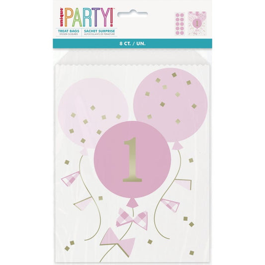 Pink Gingham 1st Birthday Girl Paper Lolly/Treat Bags (Pack of 8)