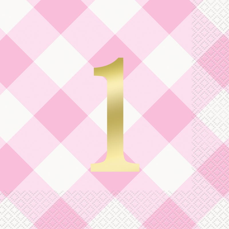 Pink Gingham 1st Birthday Girl Large Paper Napkins / Serviettes (Pack of 16)