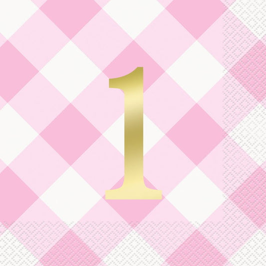 Pink Gingham 1st Birthday Girl Large Paper Napkins / Serviettes (Pack of 16)